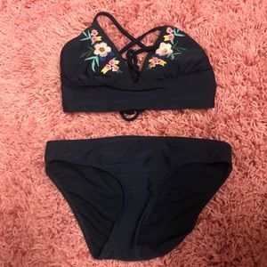 Navy Hollister Bikini Set with lace up back.
